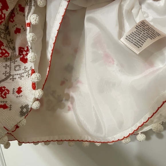 Anthropologie Maeve Blomma Pom Pom Skirt cream and orangey red with side zip - Picture 2 of 7